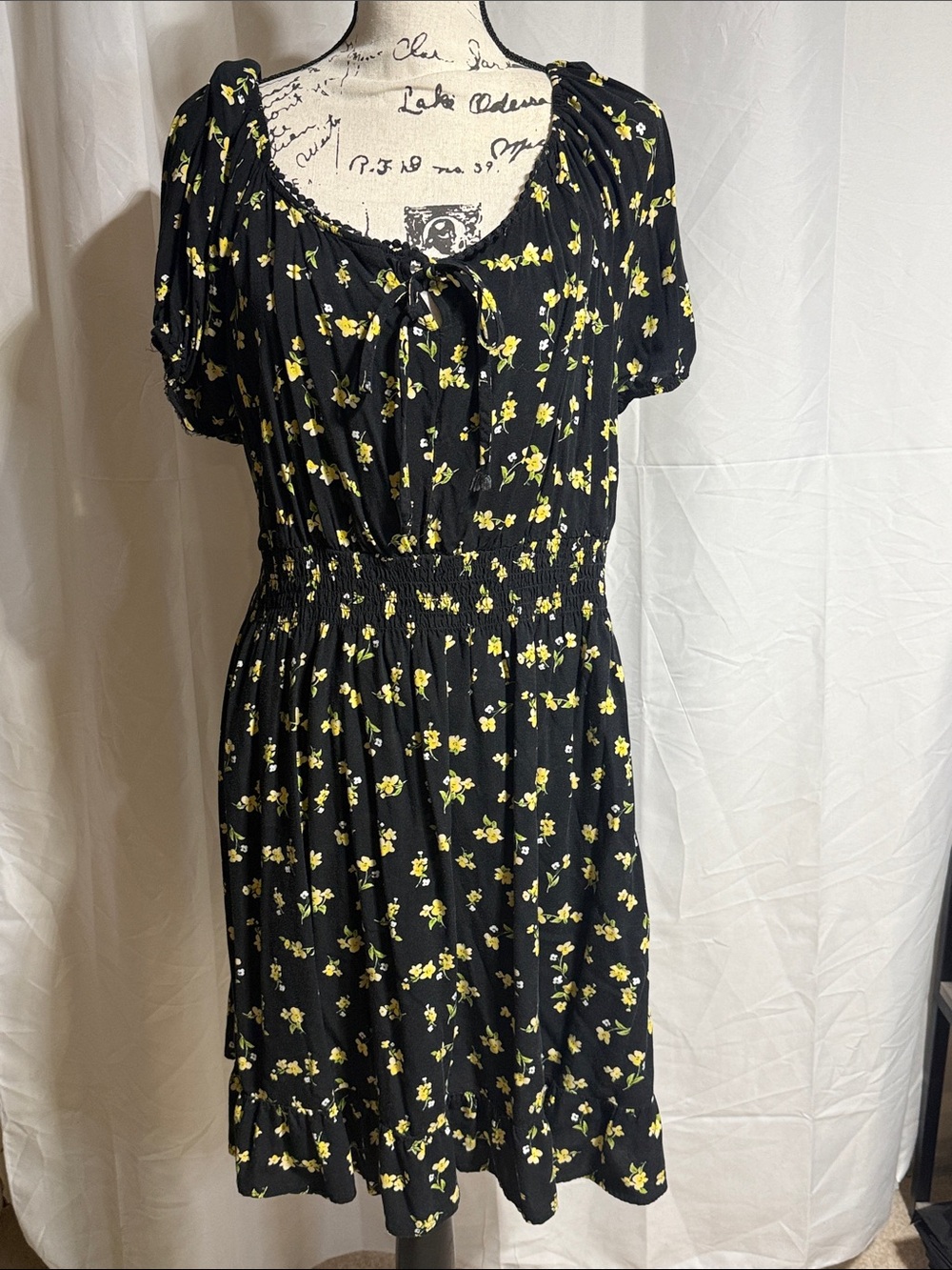 Lily Rose Black Midi Dress with Yellow Floral Print